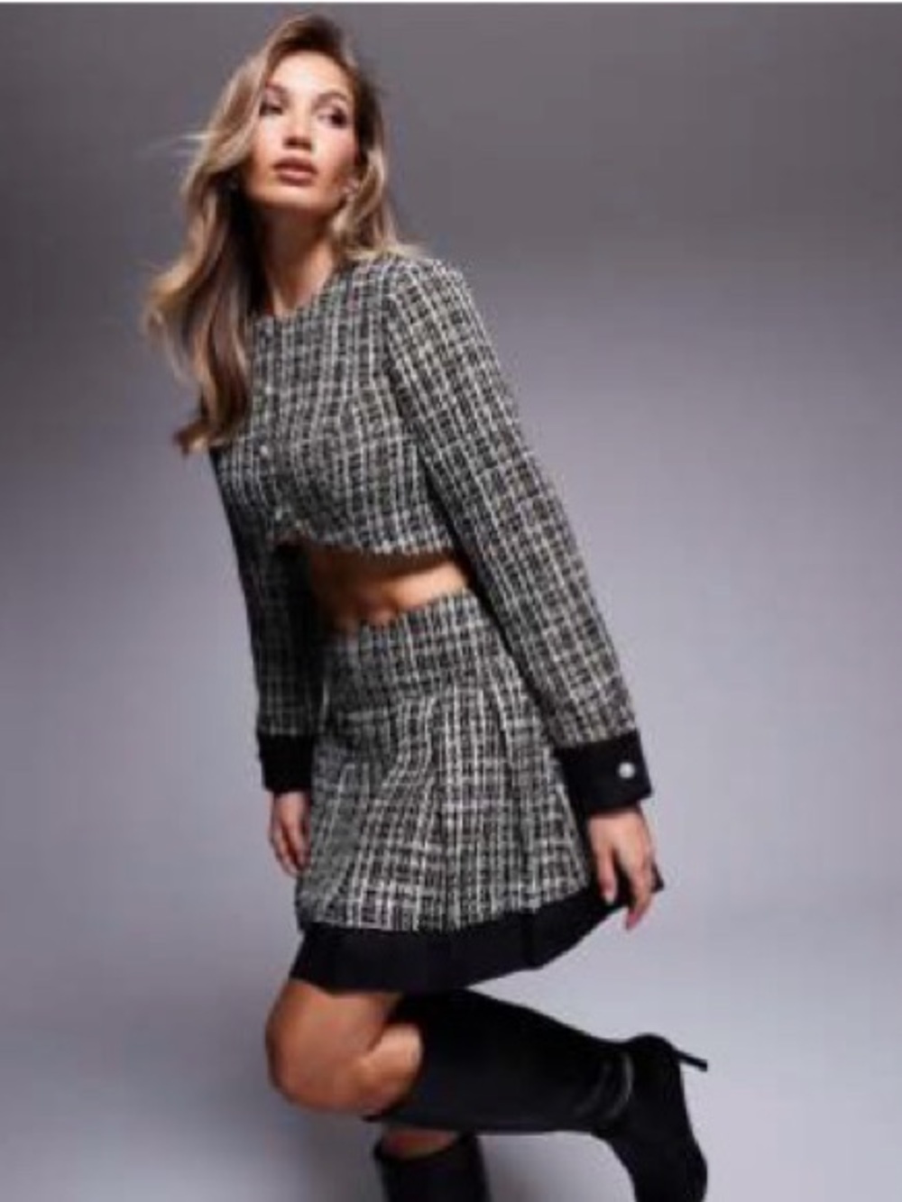 ASOS LUXe Tweed Jacket and Skirt Set in Black, White & Olive